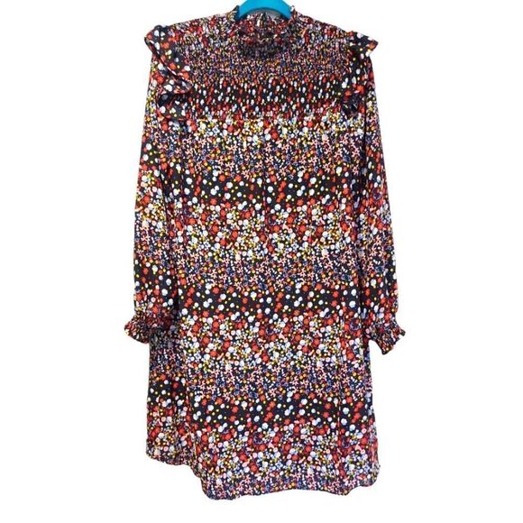 Nanette Lepore Blue Red Yellow Floral Ruffle Smocked Mock-Neck Shift Dress | 10 - Picture 2 of 12